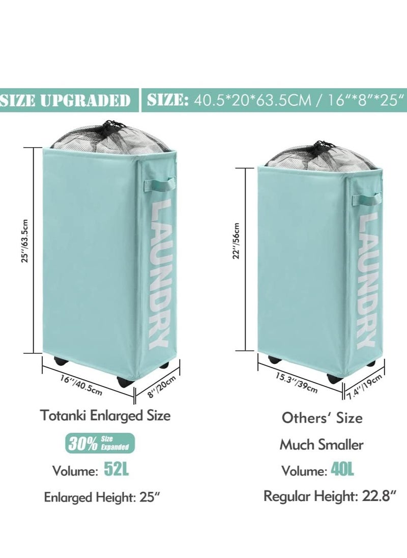 SYOSI - 42L Rolling Slim Laundry Basket with Handle on Wheels, Foldable Hamper, Collapsible Sorter and Organizer, Tall Storage Bin (Light Blue) - Image 1
