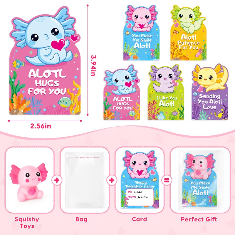 Ellinjan Valentines Day Gifts for Kids Classroom School, 30 Packs Valentines Day Card with Axolotl Squishy Toys, Valentine Kids Party Favor Prizes Stuffers, Ideal Exchange Gift for Boys Girls - Image 4