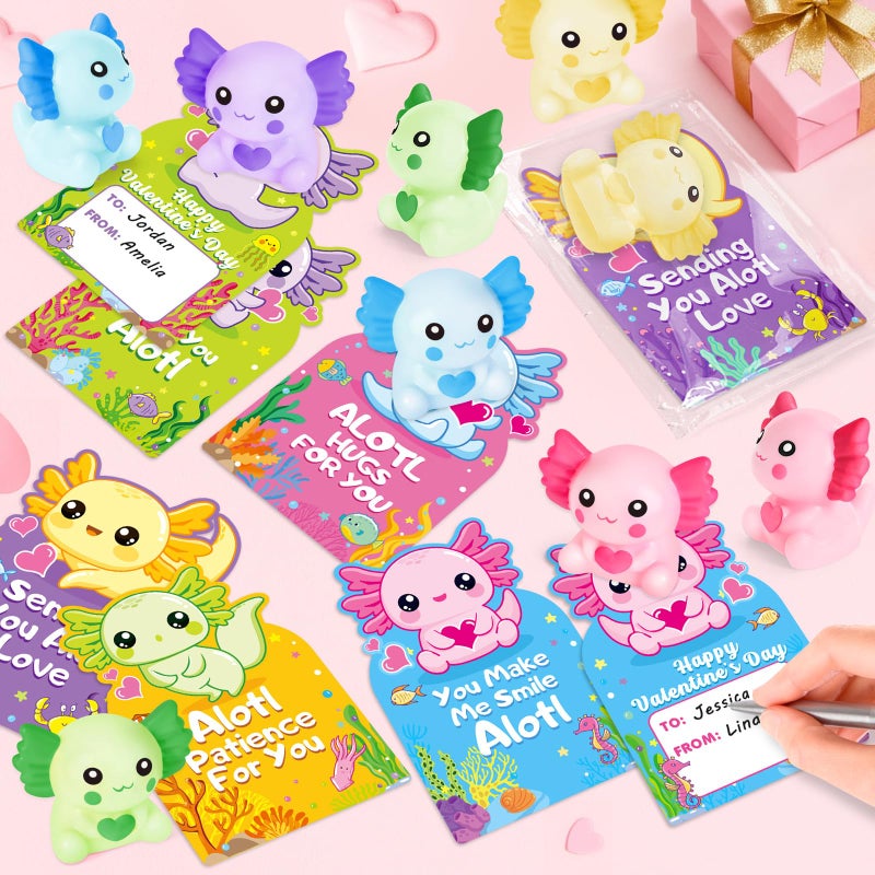 Ellinjan Valentines Day Gifts for Kids Classroom School, 30 Packs Valentines Day Card with Axolotl Squishy Toys, Valentine Kids Party Favor Prizes Stuffers, Ideal Exchange Gift for Boys Girls - Image 5