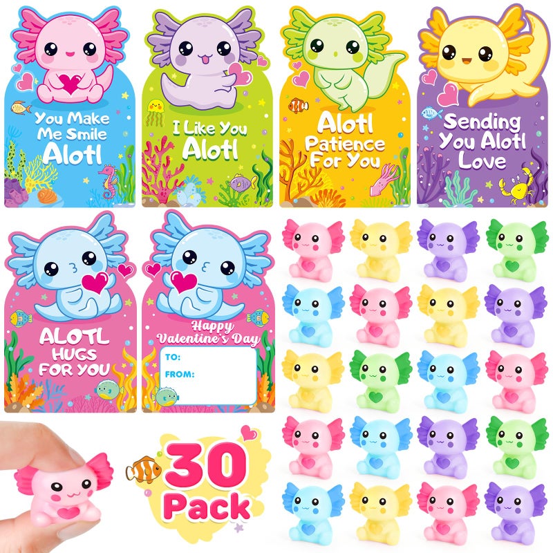 Ellinjan Valentines Day Gifts for Kids Classroom School, 30 Packs Valentines Day Card with Axolotl Squishy Toys, Valentine Kids Party Favor Prizes Stuffers, Ideal Exchange Gift for Boys Girls - Image 1