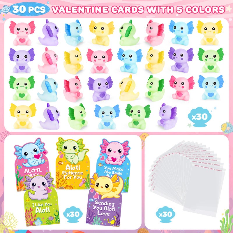 Ellinjan Valentines Day Gifts for Kids Classroom School, 30 Packs Valentines Day Card with Axolotl Squishy Toys, Valentine Kids Party Favor Prizes Stuffers, Ideal Exchange Gift for Boys Girls - Image 2