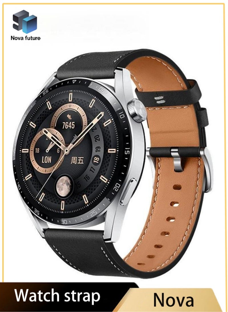 Nova future Huawei Watch Band Leather Strap, Straps Compatible with Huawei Watch 46MM GT5/GT4/GT3/GT3 Pro/GT2/GT2e/GT/GT Runner,Huawei Watch 4/4 Pro/3/3 Pro,Honor Watch 4 Pro/GS3/Magic Watch 2,Leather Band for Men, Women,22mm Band Width, Elegant Design, 1 Piece(Black) - Image 1