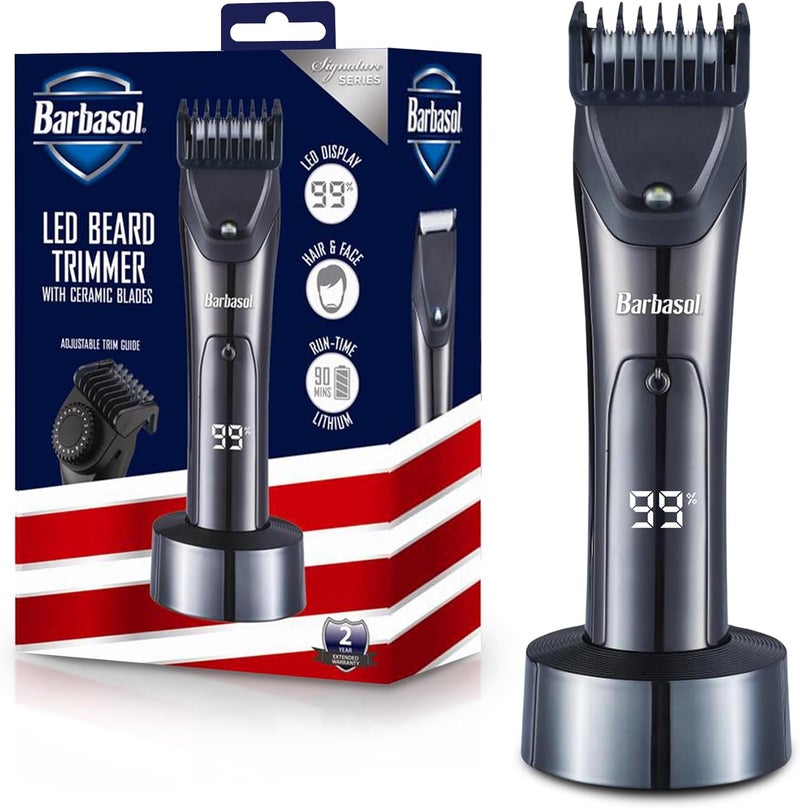 Barbasol Hair and Beard Trimmer for Men Rechargeable Battery with Charging Base Powerful Hypoallergenic Ceramic Blades Dial Adjustable Hair Guard Length with 10 Settings LED Screen