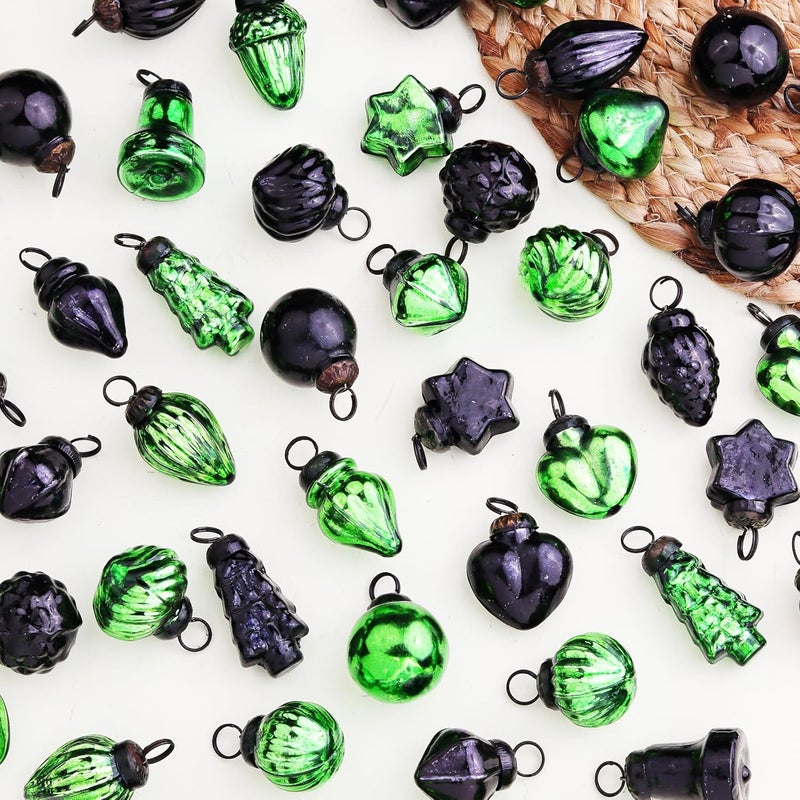 Indian-Shelf 200 Pieces Glass Black Green Christmas Ornaments Decorative Mercury Mini Vintage Bulk Hanging Ornaments for Halloween Christmas Tree New Year Valentine Day Holidays Event and Wedding Party Decor - Image 1