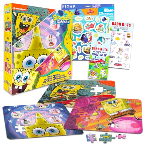 nickelodeon Spongebob Squarepants Jigsaw Puzzle 3 Pack Bundle with 3 Spongebob Puzzles with Stickers More 24 Pc 48 Pc 100 Pc Spongebob Activity Set for Kids - Image 1