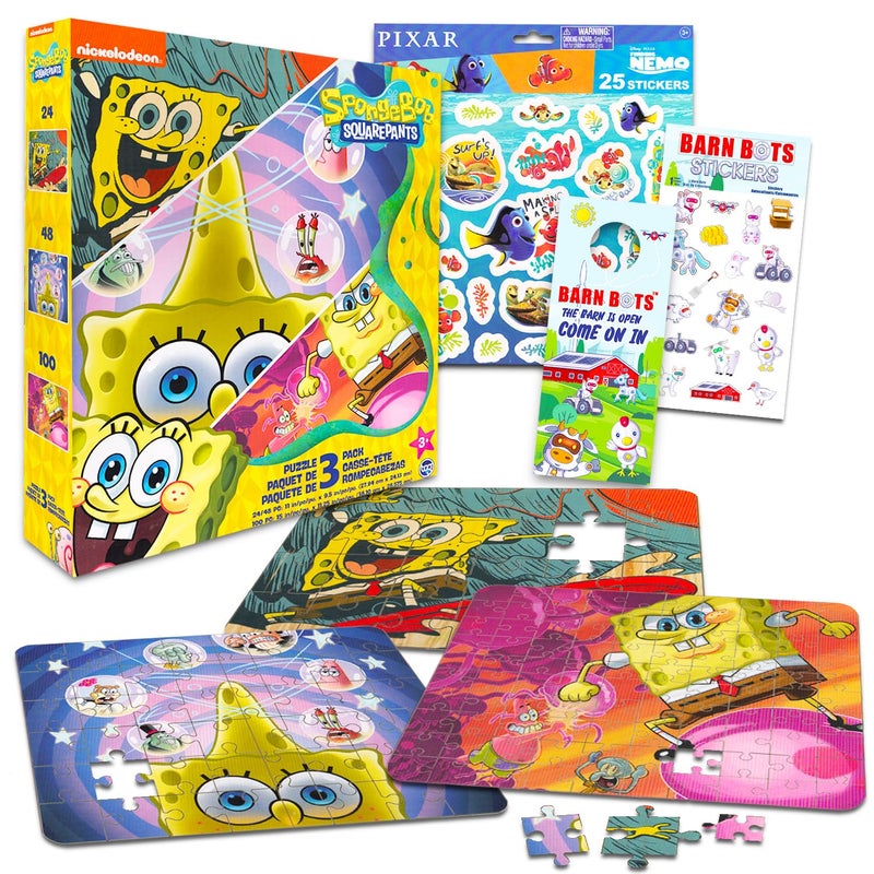 nickelodeon Spongebob Squarepants Jigsaw Puzzle 3 Pack Bundle with 3 Spongebob Puzzles with Stickers More 24 Pc 48 Pc 100 Pc Spongebob Activity Set for Kids - Image 3
