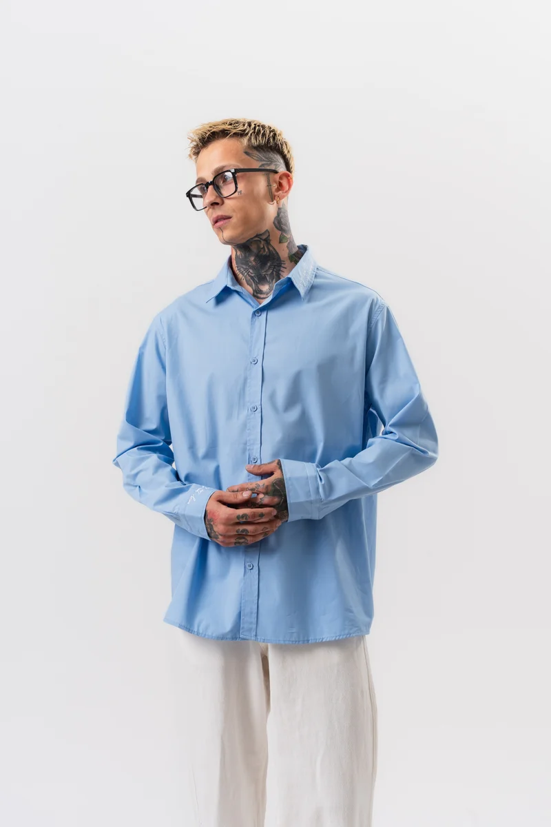 RESPIRE Men's Embroidered Poplin Oversize Shirt, Baby Blue