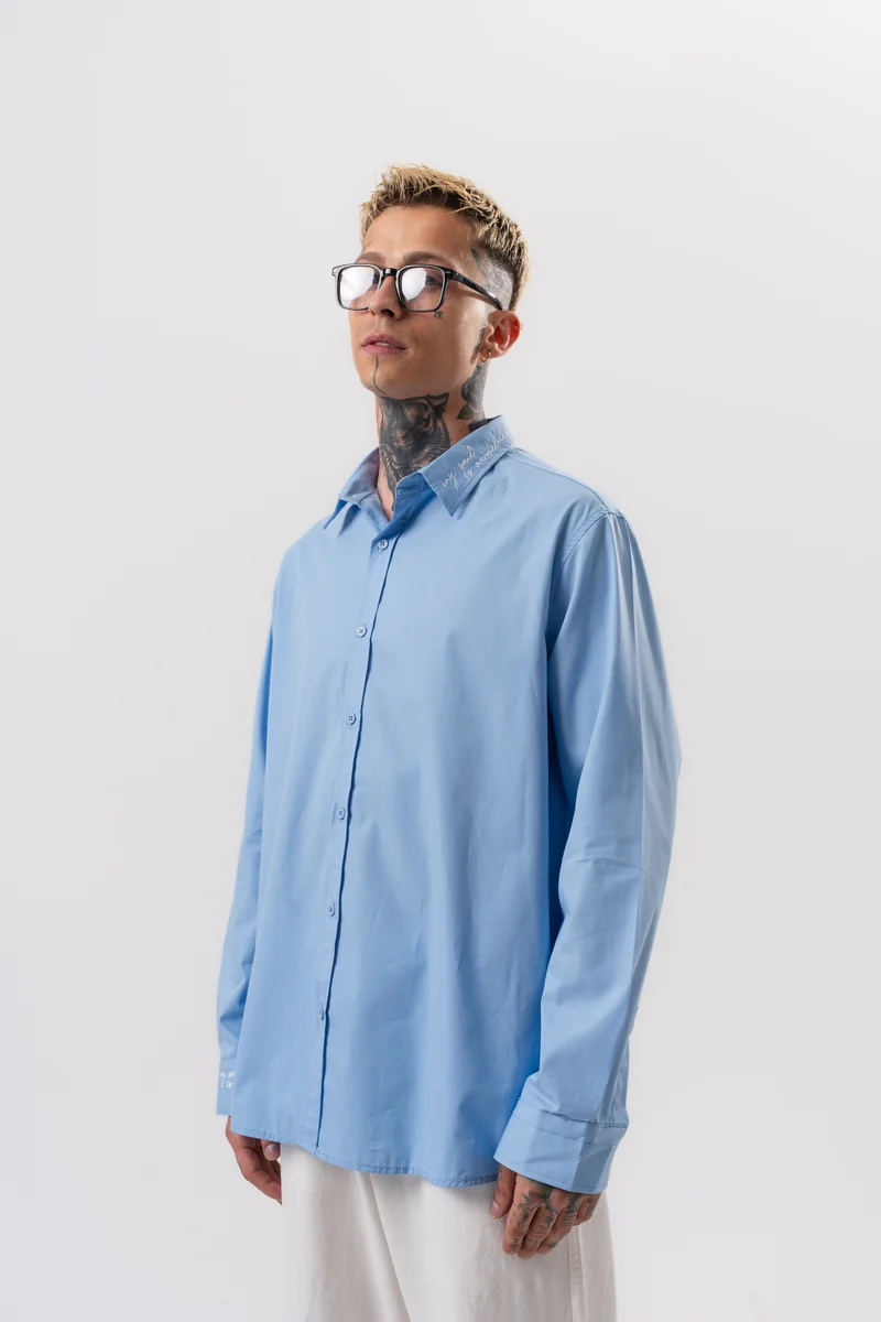 RESPIRE Men's Embroidered Poplin Oversize Shirt, Baby Blue