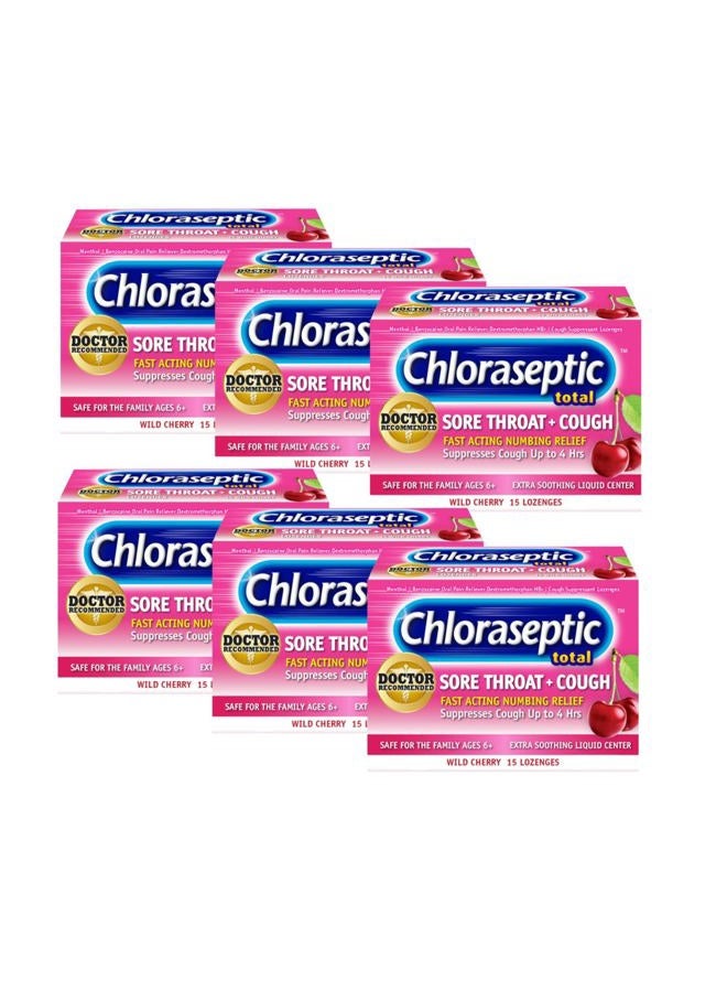 Chloraseptic Sore Throat Lozenges + Cough, Wild Cherry, 15 ct (Pack of 6) - Image 1