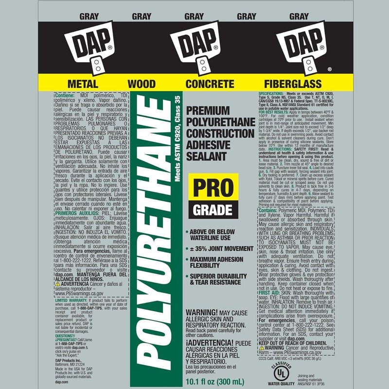DAP 18814 10.1 oz. Premium Polyurethane Construction Adhesive Sealant - Gray - Image 2