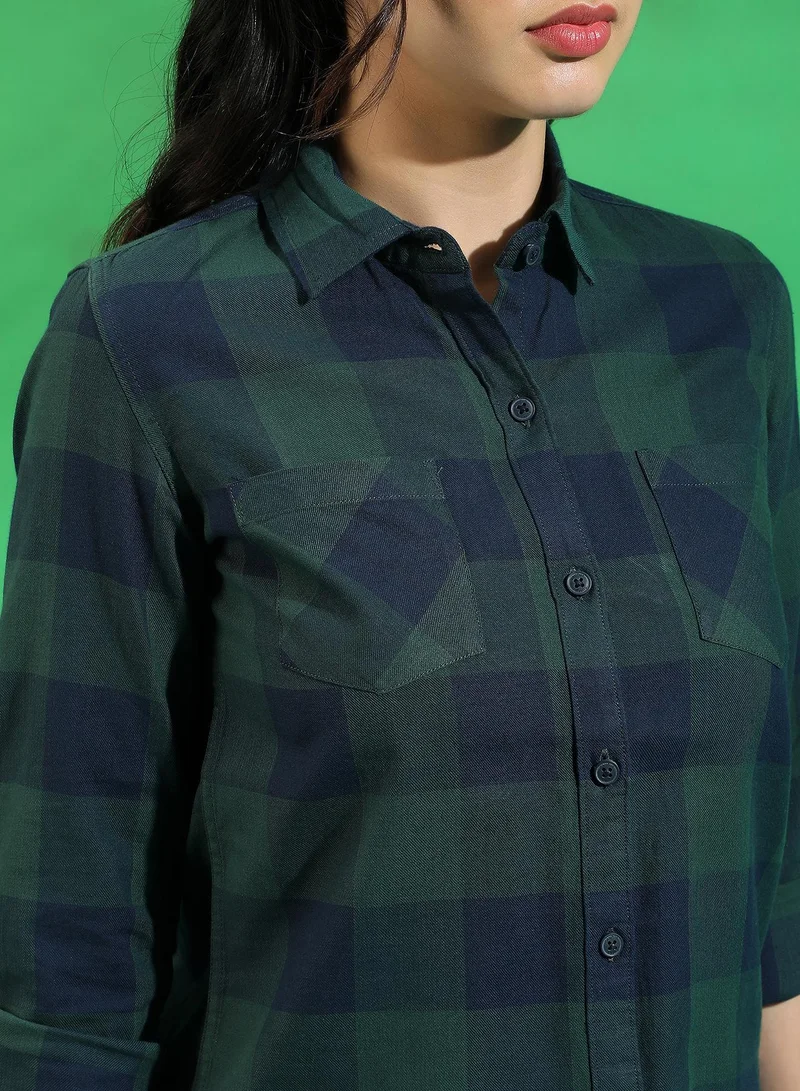 Campus Sutra Women's Green & Blue Checkered Button Up Regular Fit Shirt For Casual Wear | Spread Collar | Long Sleeves | Cotton Shirt Crafted With Regular Sleeve & Comfort Fit For Everyday Wear