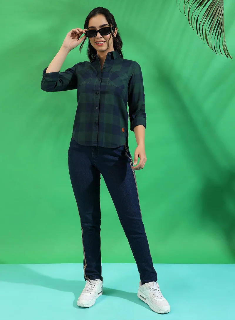 Campus Sutra Women's Green & Blue Checkered Button Up Regular Fit Shirt For Casual Wear | Spread Collar | Long Sleeves | Cotton Shirt Crafted With Regular Sleeve & Comfort Fit For Everyday Wear