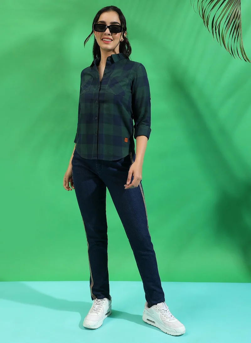 Campus Sutra Women's Green & Blue Checkered Button Up Regular Fit Shirt For Casual Wear | Spread Collar | Long Sleeves | Cotton Shirt Crafted With Regular Sleeve & Comfort Fit For Everyday Wear
