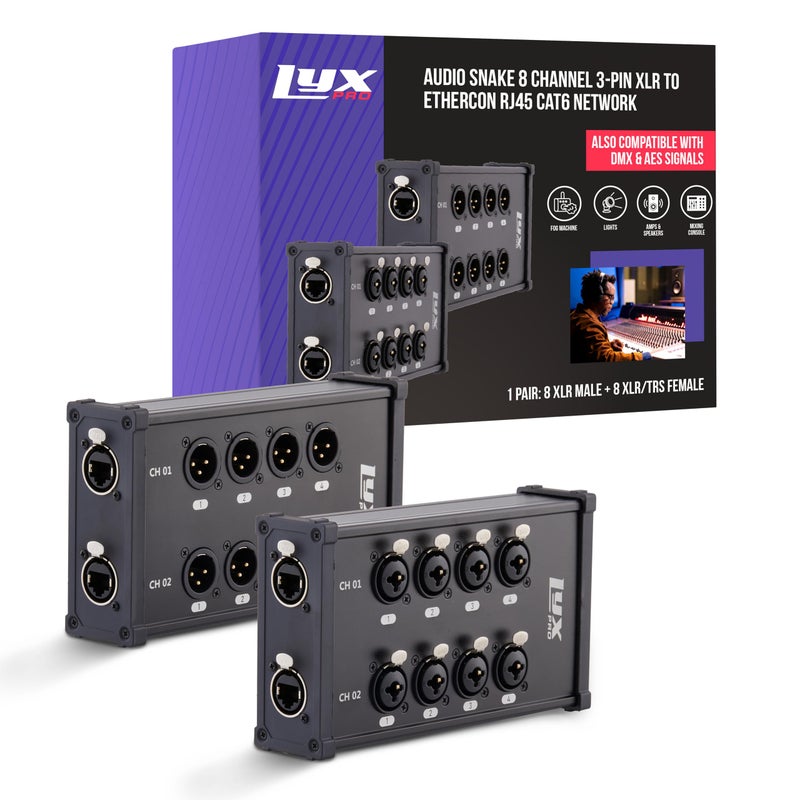 LyxPro 8Channel Dual Input 3Pin MultiNetwork XLRTRS Cable Breakout for Stage Sound Lighting and Recording Studio Male and Female to RJ45 Ethercon Ideal for Sound Lighting Setup Ground Lift - Image 2