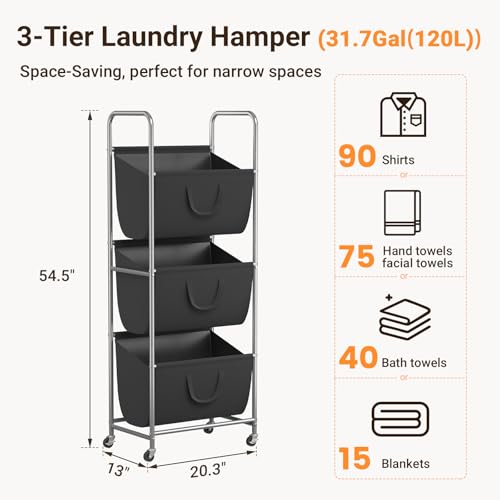 ELYKEN 120L Vertical Rolling Laundry Hamper with Removable Bags, 3 Section Laundry Baskets with Wheels, Space-Saving 3 Tier Laundry Sorter for Small Spaces, Dorm, Bedroom, Bathroom, Laundry Room - Image 3