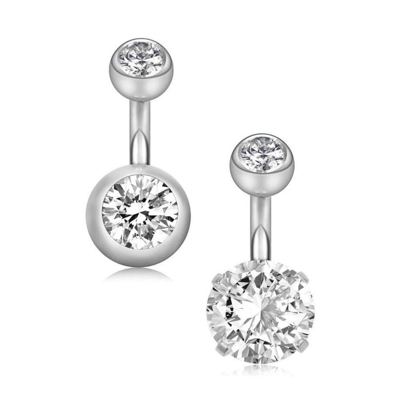 YHMM 14G 3/8"(10mm) Normal Bar Surgical Steel Belly Button Rings Round Cubic Zirconia Navel Barbell Stud Body Piercing (10mm bar,2Pcs Silver)