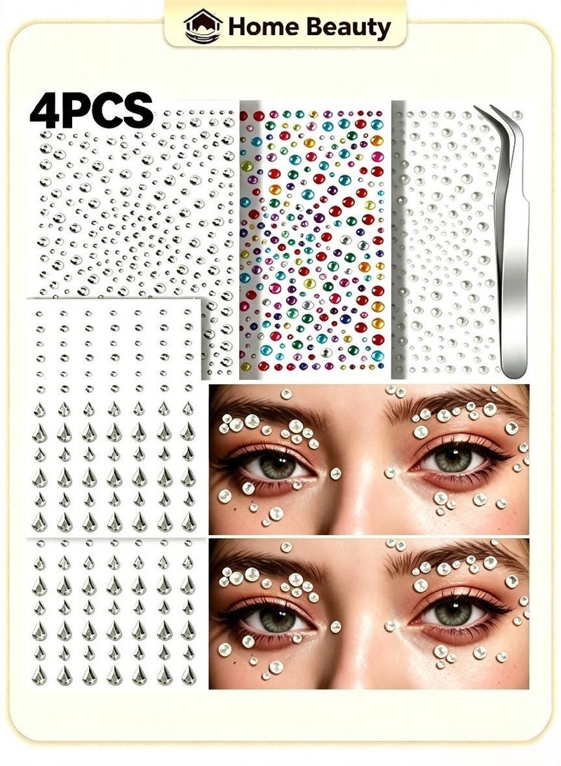 4Pcs Self Adhesive Face Gems & Pearls for Makeup, Rhinestone Stickers for Face & Eye, Hair Pearls for Festival, DIY Decorations, Ideal for Party & Events - Image 1