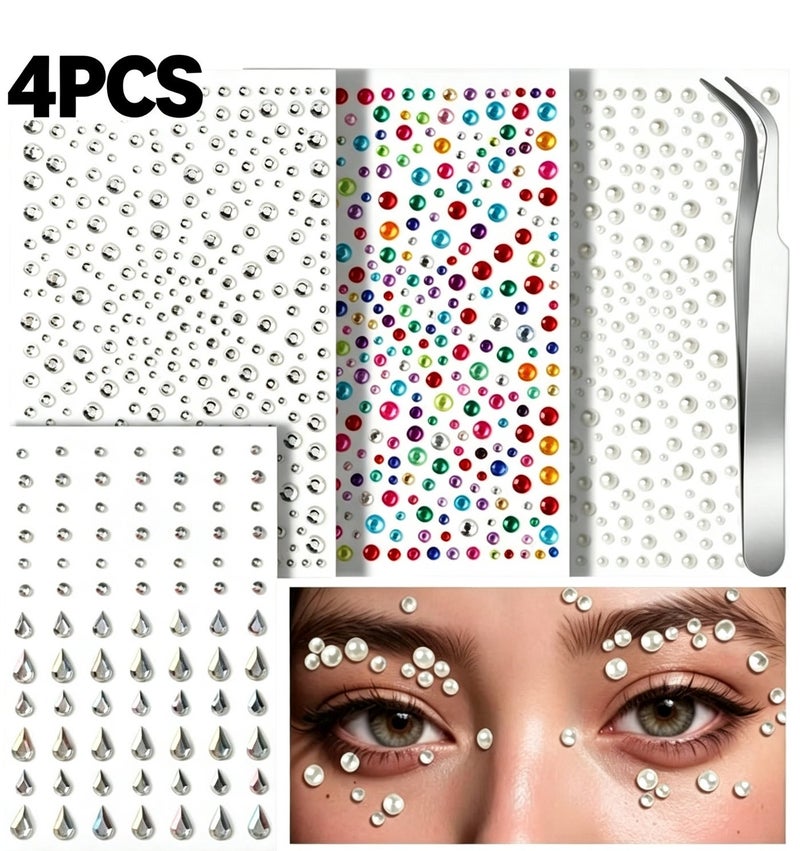 4Pcs Self Adhesive Face Gems & Pearls for Makeup, Rhinestone Stickers for Face & Eye, Hair Pearls for Festival, DIY Decorations, Ideal for Party & Events - Image 2