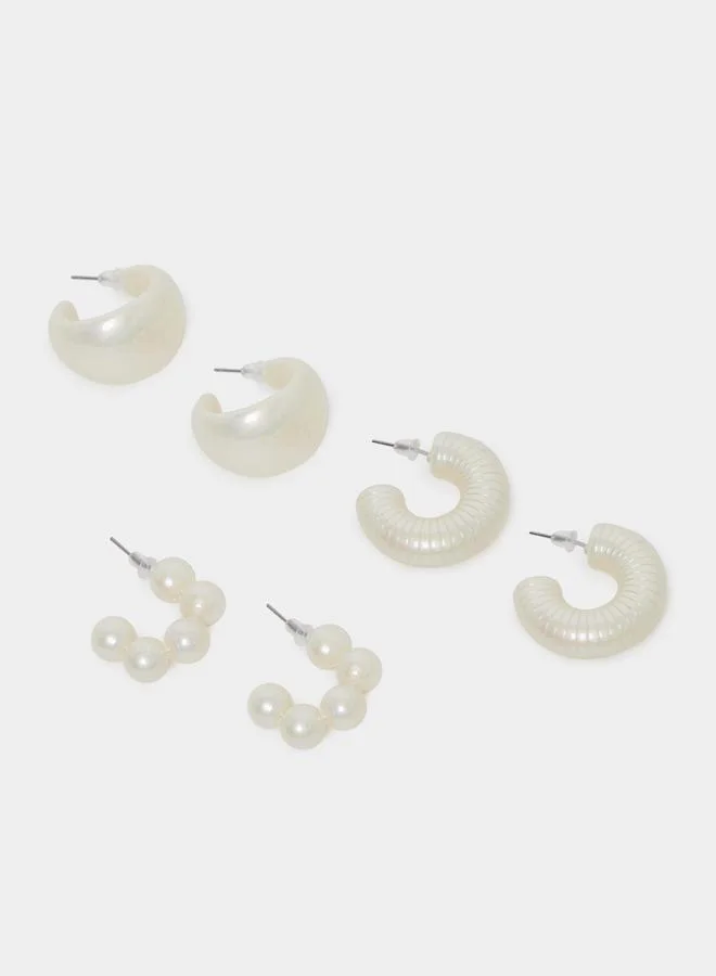 Styli  Styli Set of 3 - White Faux Pearl Hoop Earrings for Women | Best Price UAE