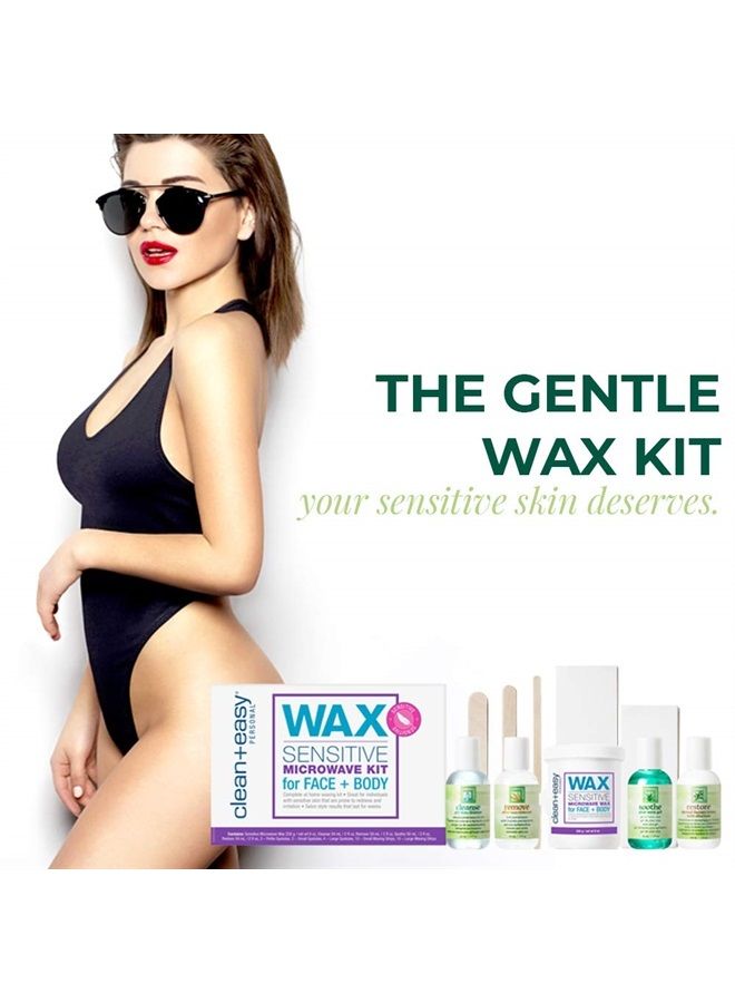 Clean + Easy Sensitive Microwave Kit for Face & Body, All-in-One Waxing Essentials for Full Body Hair Removal Treatment, Soft Wax, Easy to Prepare, Convenient to Use, Safe for Delicate Skin, 10-Pc