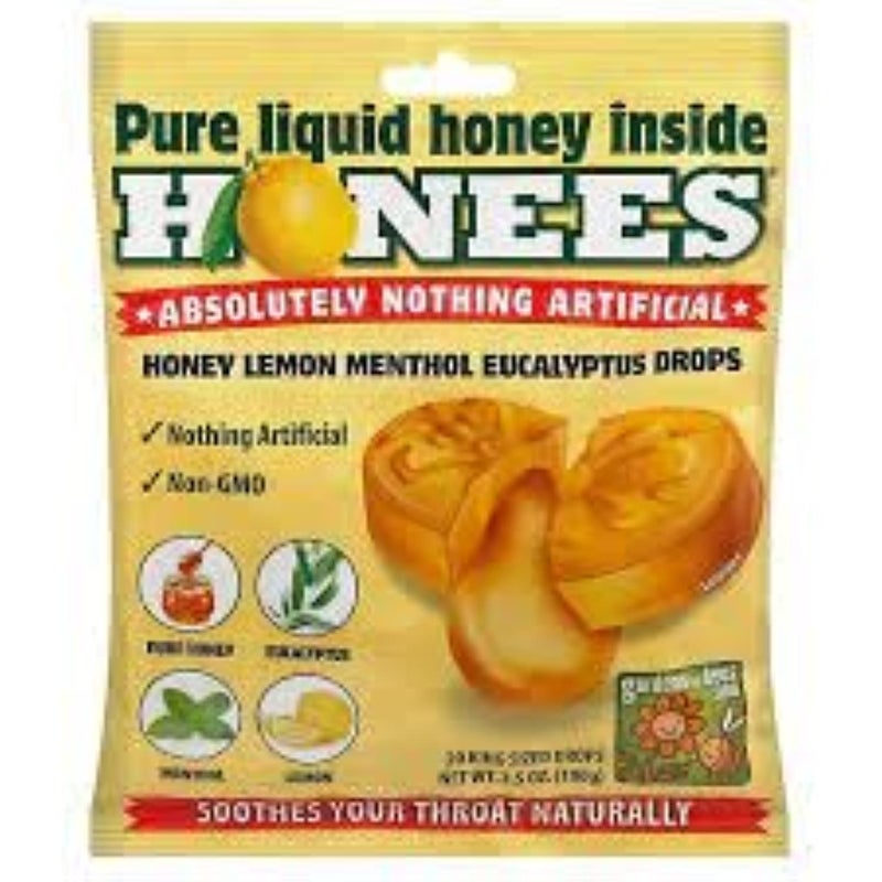 Honees Filled Honey Lemon Cough Drops Filled with Honey Menthol Lemon and Eucalyptus Nothing Artificial Natural Sore Throat Lozenges NonGMO Gluten Free 3 Pack 60 Drops
