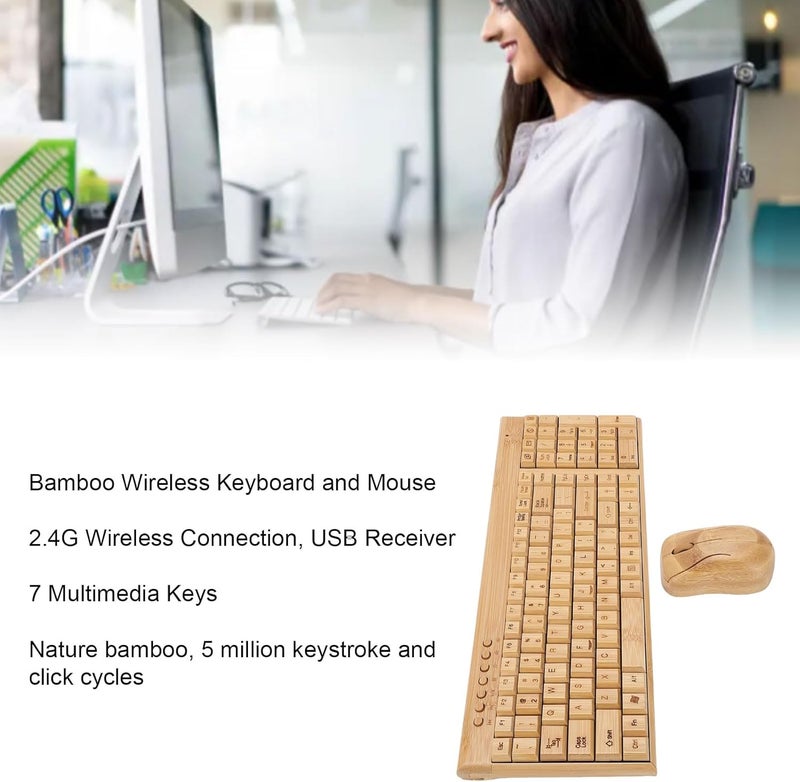 YUEHISY Wireless Keyboard and Mouse Combo, Handcrafted Full Bamboo Design, 2.4G Wireless with USB Receiver, 7 Multimedia Keys, for Laptop, PC - Image 3