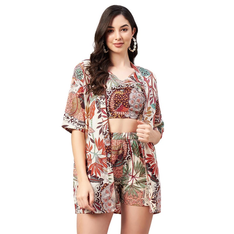 WineRed Cotton Woman Beige 3Pcs Coord Set With Shorts, Floral - Image 2