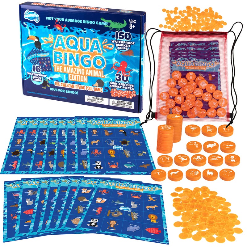 SCS Direct Pool Bingo Diving Game for Kids Summer Party Fun Edition Toy Dive Call 30 Sinking Animal Themed Numbers Fill Your Card 150 Marker Chips 16 Double Sided Waterproof Play Cards Carrying Bag - Image 2