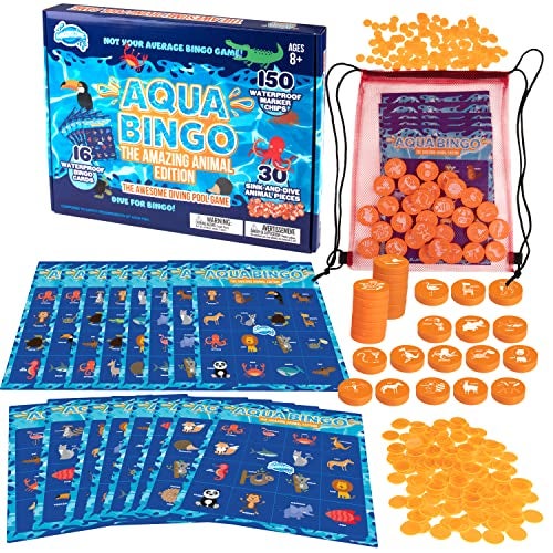 SCS Direct Pool Bingo Diving Game for Kids Summer Party Fun Edition Toy Dive Call 30 Sinking Animal Themed Numbers Fill Your Card 150 Marker Chips 16 Double Sided Waterproof Play Cards Carrying Bag - Image 1