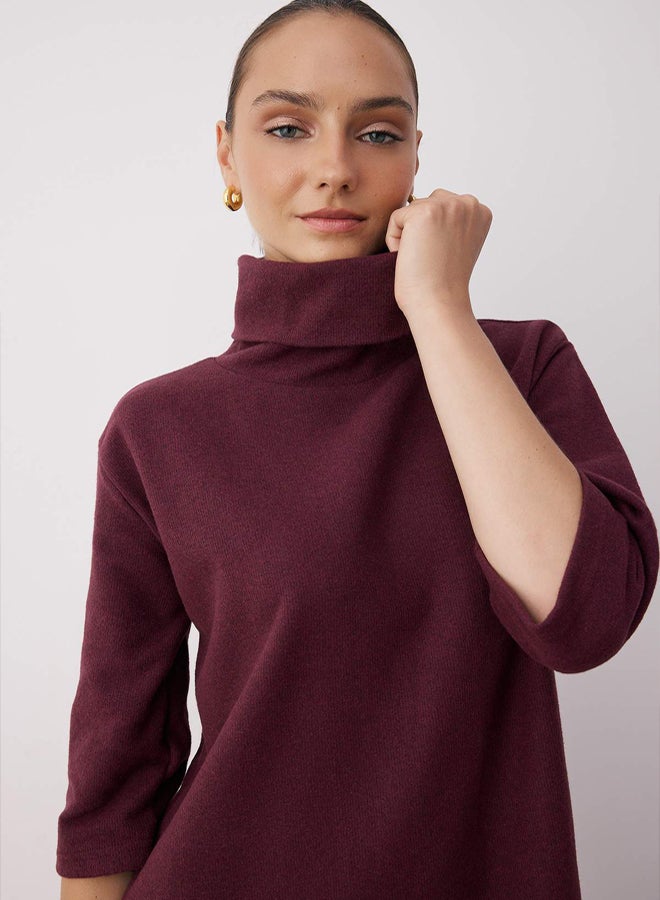 trendyol Plum Turtleneck Shift/Solid Mini Thessaloniki Long Sleeve Knitted Dress - Image 2
