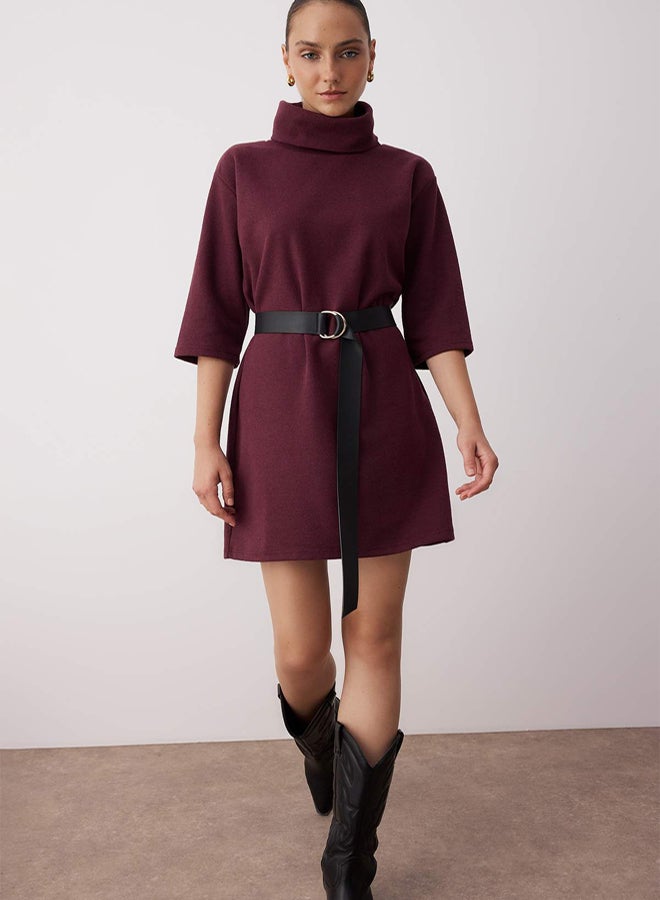 trendyol Plum Turtleneck Shift/Solid Mini Thessaloniki Long Sleeve Knitted Dress - Image 1