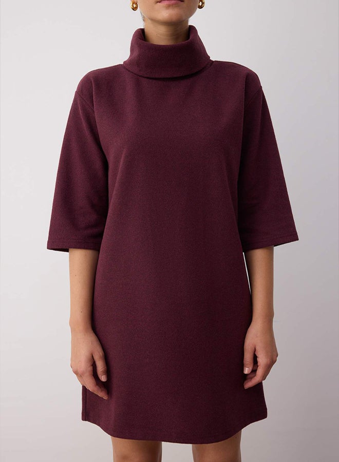 trendyol Plum Turtleneck Shift/Solid Mini Thessaloniki Long Sleeve Knitted Dress - Image 3