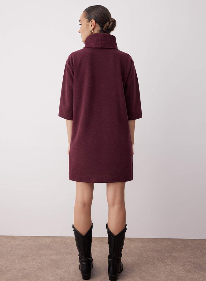 trendyol Plum Turtleneck Shift/Solid Mini Thessaloniki Long Sleeve Knitted Dress - Image 4
