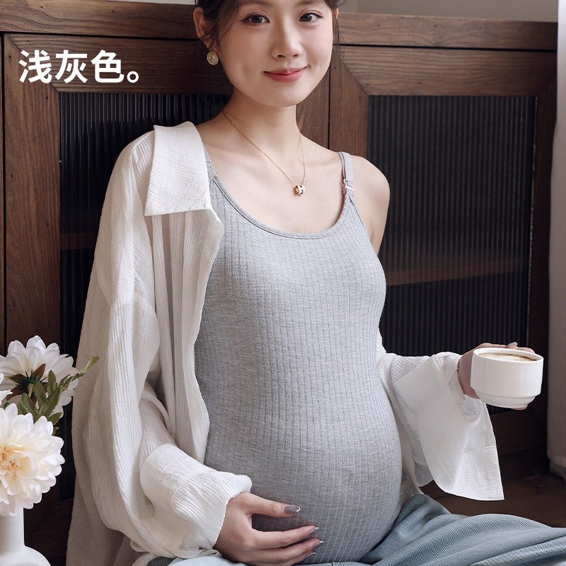 Mo Deng Yun Ma Maternity Nursing Tank Top Summer Thin No-Bra Breastfeeding Vest Camisole for Pregnant Women Postpartum Outerwear T-Shirt - Image 1