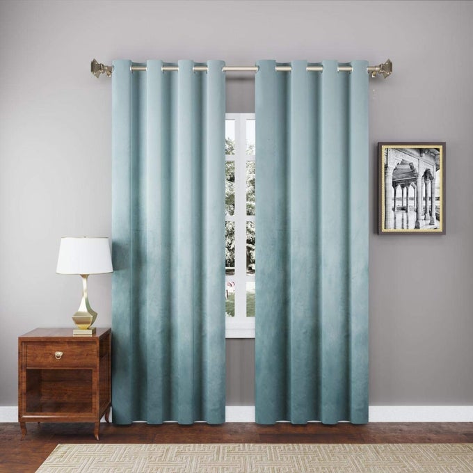 High Sofa Quality Velvet Grommet Room Darkening Eyelet Door Solid Curtains for Living Room Set of 2 Pieces 8 Feet Aqua Blue