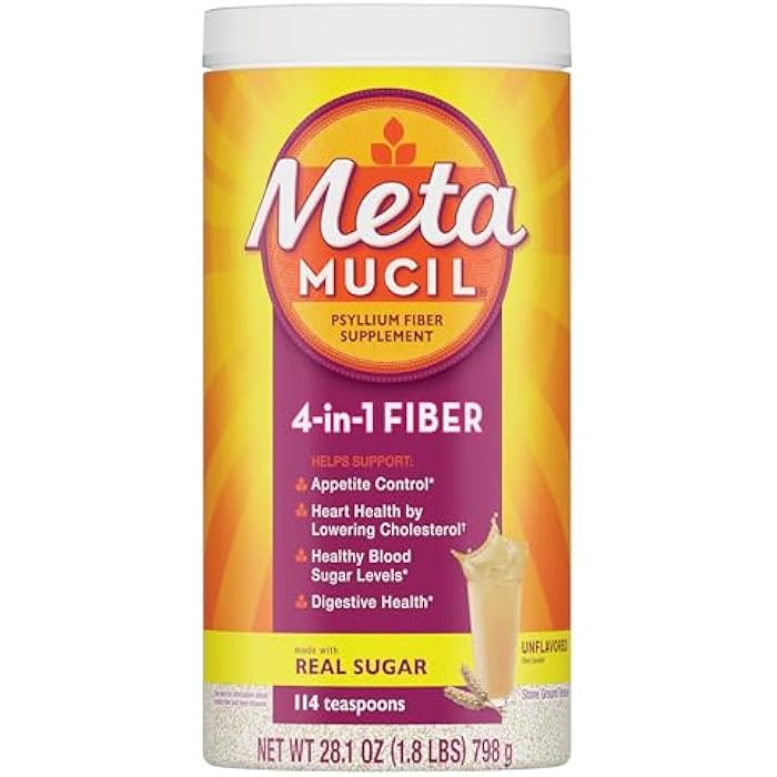 Metamucil, Psyllium Husk Powder, Unflavored Original Texture, with Sugar, 114 Servings, 4-in-1 Fiber Supplement, Daily Psyllium Husk Fiber Powder Help Support Digestive Health by Promoting Regularity* - Image 1