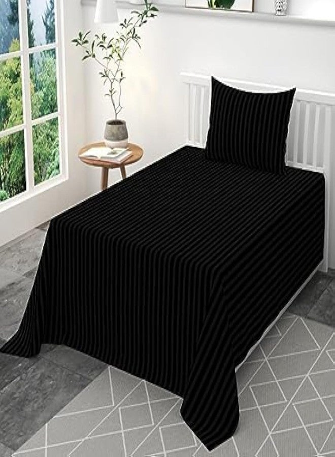 ZurZac 220 Tc Cotton Feel Satin Stripes/Lining Plain Bedsheet for Single Bed Bedsheet with One Pillow Covers for Home- Hotels-Guest House 60x90 Inches - Black - Image 1