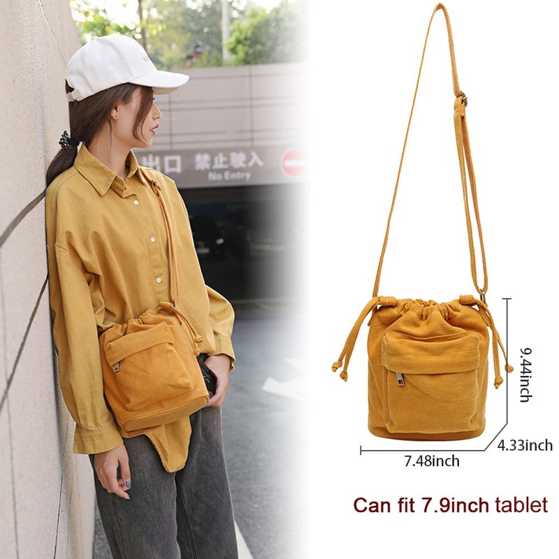 Barsine Women Small Canvas Purse Crossbody Bag Ladies Cute Little Drawstring Bucket Boho Purses, Tan - Image 3
