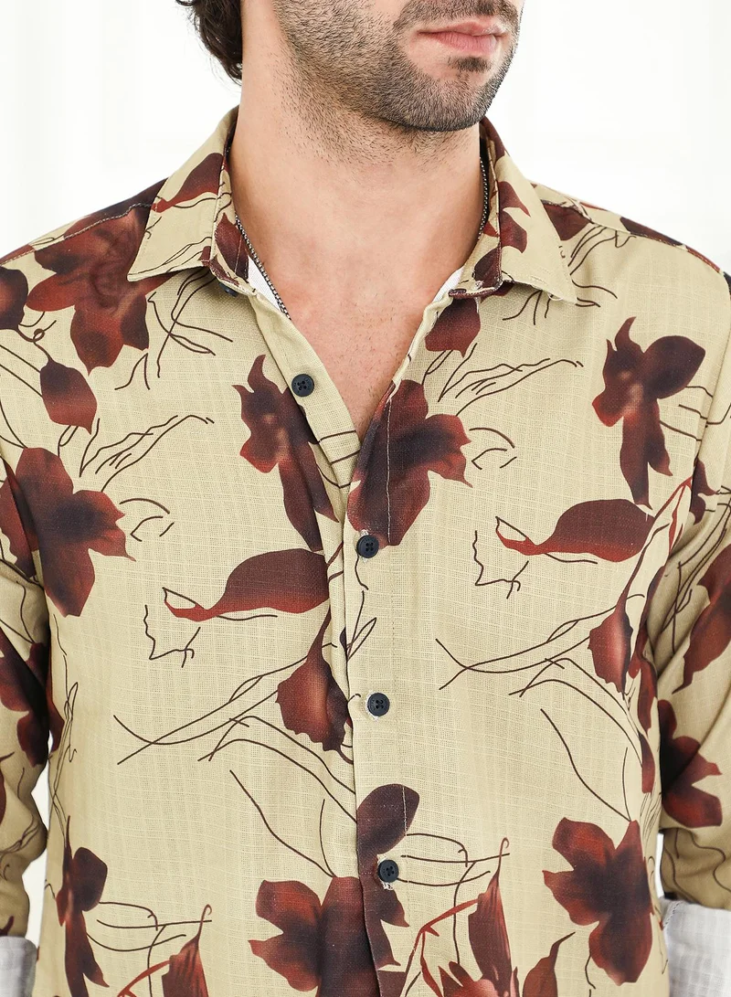 Campus Sutra Men's Olive Green & Chocolate Brown Waterly-Florals Regular Shirt