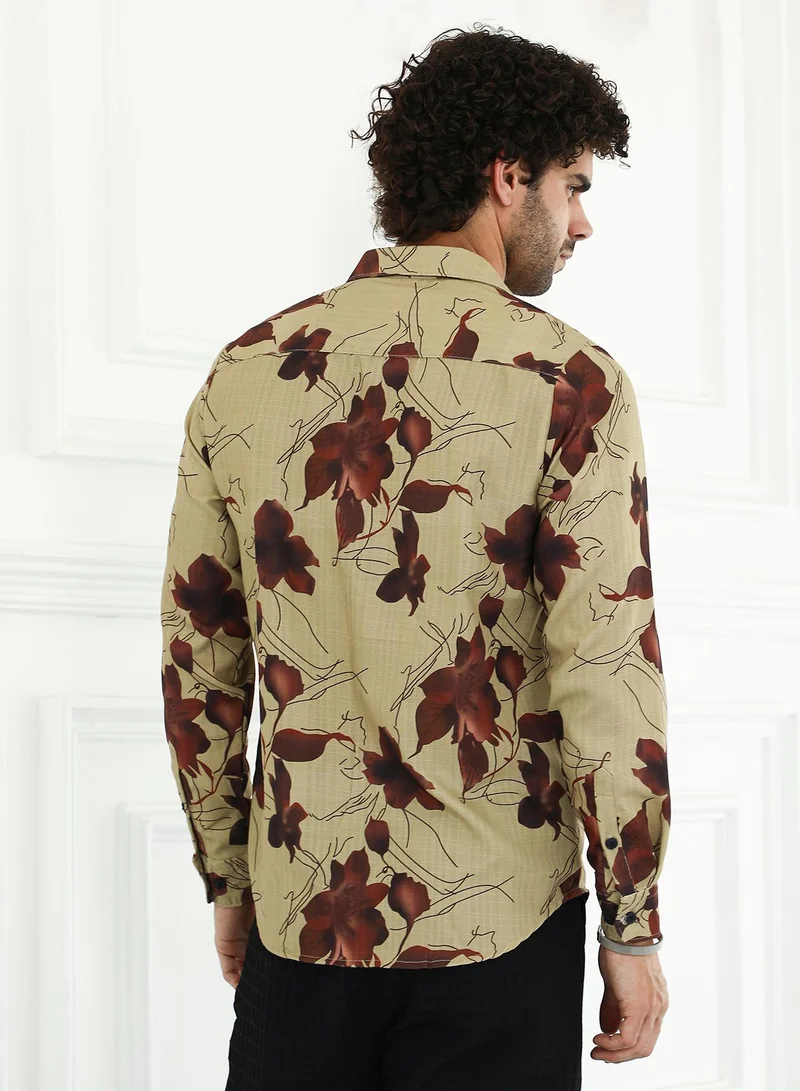 Campus Sutra Men's Olive Green & Chocolate Brown Waterly-Florals Regular Shirt