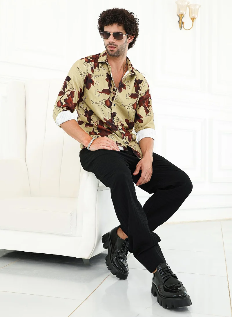Campus Sutra Men's Olive Green & Chocolate Brown Waterly-Florals Regular Shirt