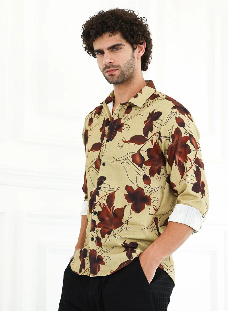 Campus Sutra Men's Olive Green & Chocolate Brown Waterly-Florals Regular Shirt