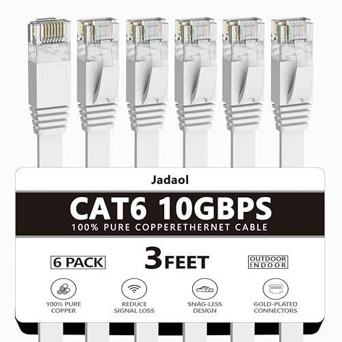 Jadaol Cat 6 Ethernet Cable 3 ft 6Pack, Outdoor&Indoor, Flat High Speed 10Gbps Patch LAN Cord, Support Cat8/7 Network, Short Ethernet Cable for Router, Modem, Switch, PC, Laptop, Gaming Console, White - Image 1