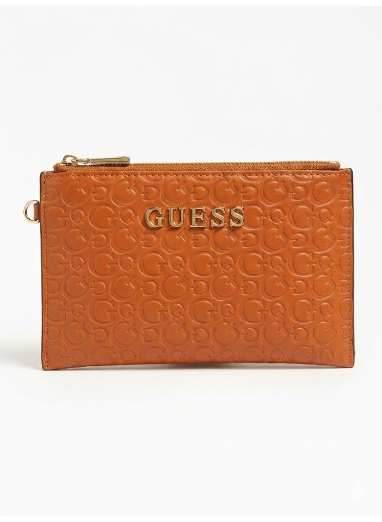 Guess Shannon Debossed G-Logo Pouch with Gold-Tone Hardware - Cognac Brown