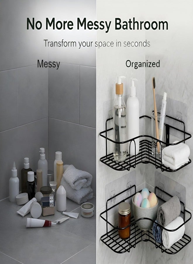 MBKOH Set of 2 Metal Bathroom Corner Shelf Rack | No Drilling Self Adhesive Wall Mounted Storage Organizer for Bathroom & Kitchen | Rustproof Bathroom Shelves (8 & 9 INCH, Black) - Image 2