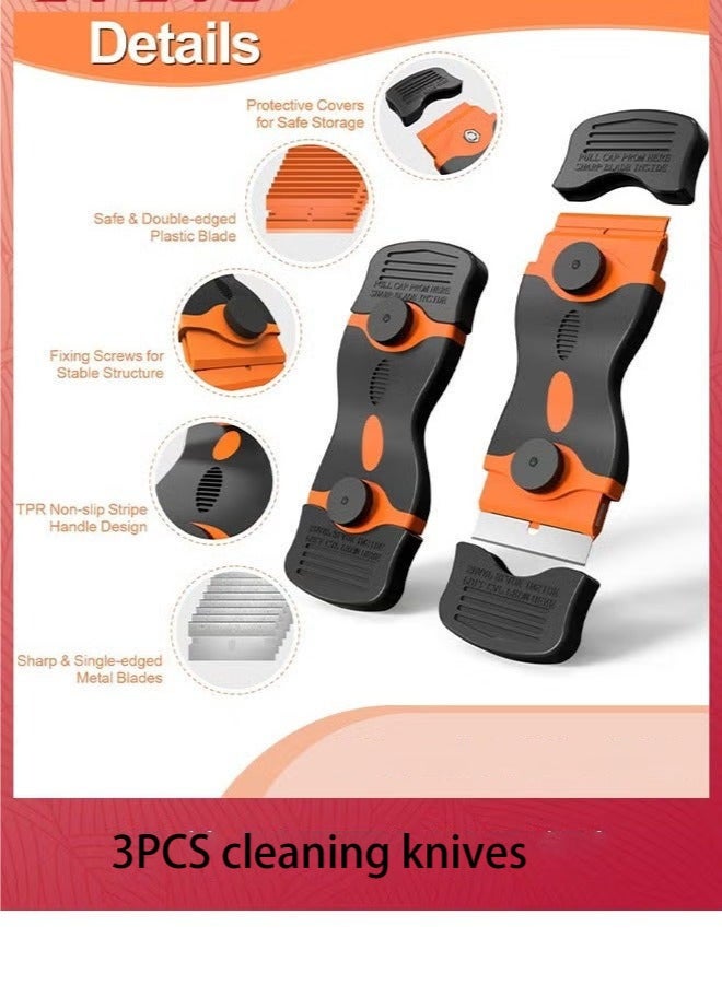 Blade scraper, 3-piece scraper tool, with 30 plastic blades and 30 metal razor blades, two-in-one cleaning scraper for removing labels, registration stickers, tones, grease on windshields, electrical appliances, and glass - Image 2