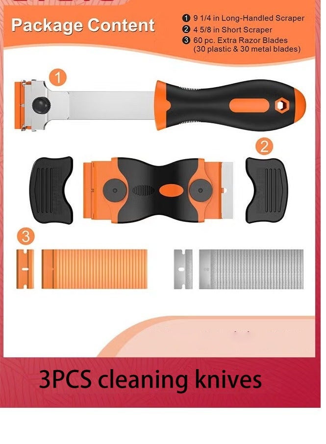 Blade scraper, 3-piece scraper tool, with 30 plastic blades and 30 metal razor blades, two-in-one cleaning scraper for removing labels, registration stickers, tones, grease on windshields, electrical appliances, and glass - Image 5