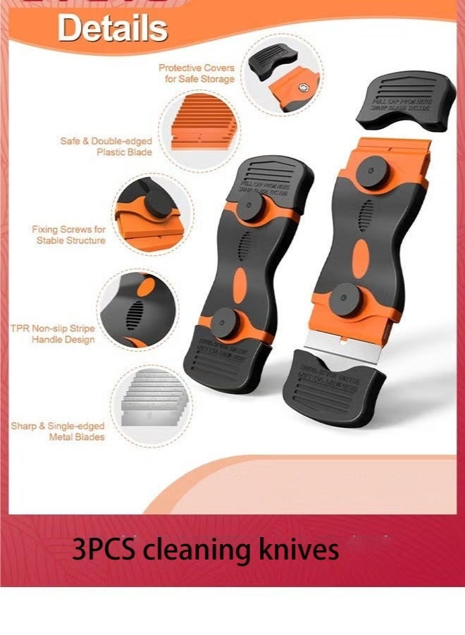 Blade scraper, 3-piece scraper tool, with 30 plastic blades and 30 metal razor blades, two-in-one cleaning scraper for removing labels, registration stickers, tones, grease on windshields, electrical appliances, and glass - Image 3