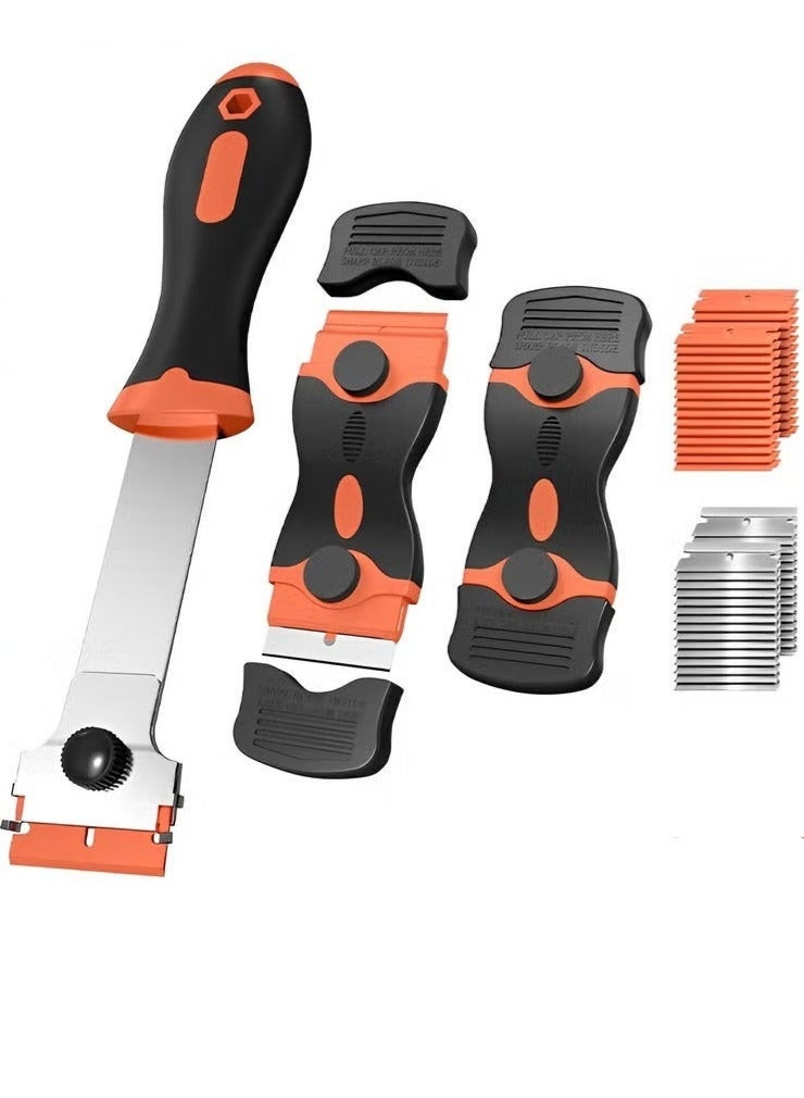 Blade scraper, 3-piece scraper tool, with 30 plastic blades and 30 metal razor blades, two-in-one cleaning scraper for removing labels, registration stickers, tones, grease on windshields, electrical appliances, and glass - Image 1