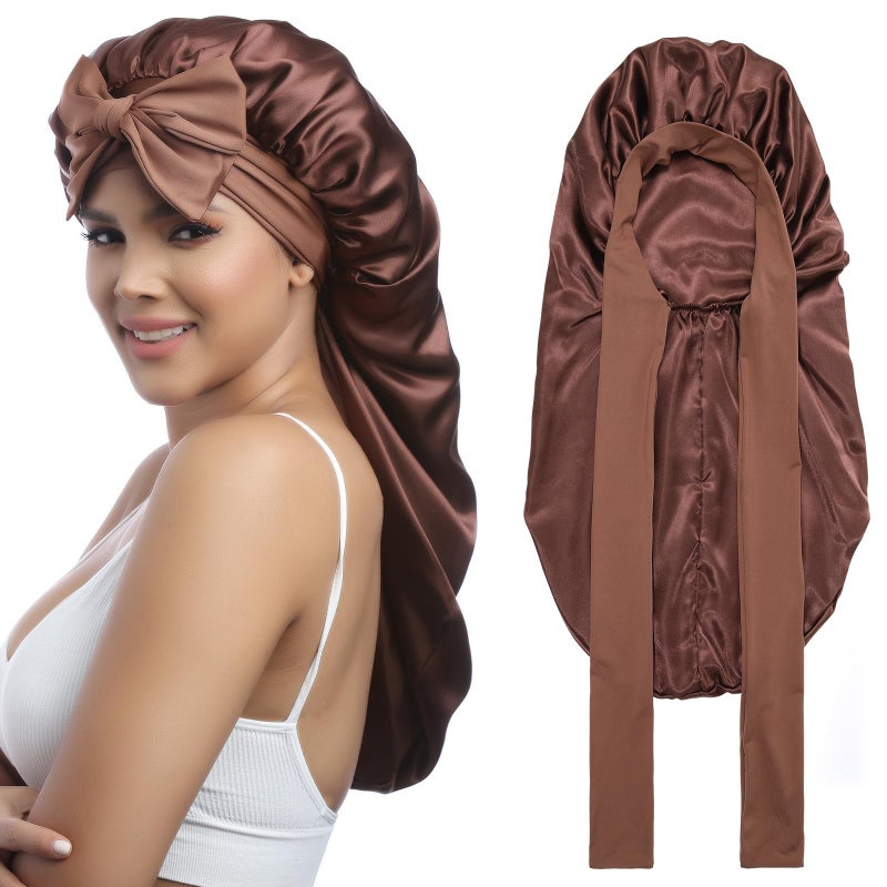 AWAYTR Long Satin Bonnet for Women Double Layer Elastic Silk Bonnet for Braids Hair Sleeping Cap with Tie Band Brown - Image 2
